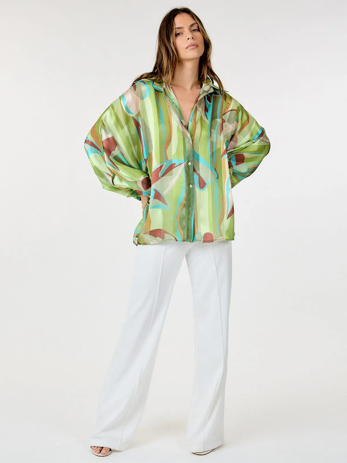WOMEN'S LONG SLEEVE BUTTON UP MULTI PRINT BLOUSE