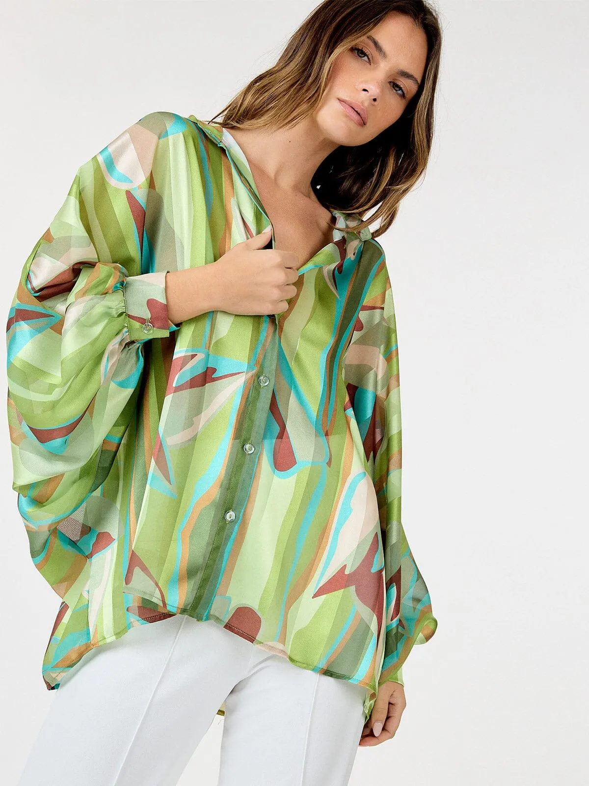 WOMEN'S LONG SLEEVE BUTTON UP MULTI PRINT BLOUSE
