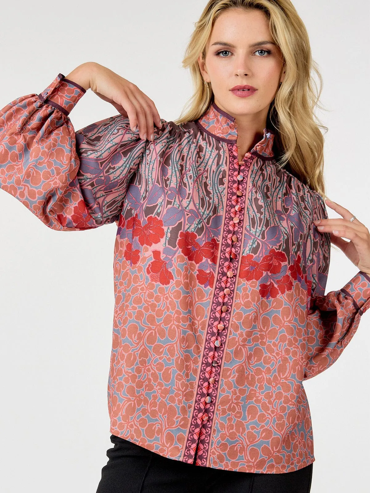 WOMEN'S LONG SLEEVE BUTTON UP MULTI PRINT BLOUSE