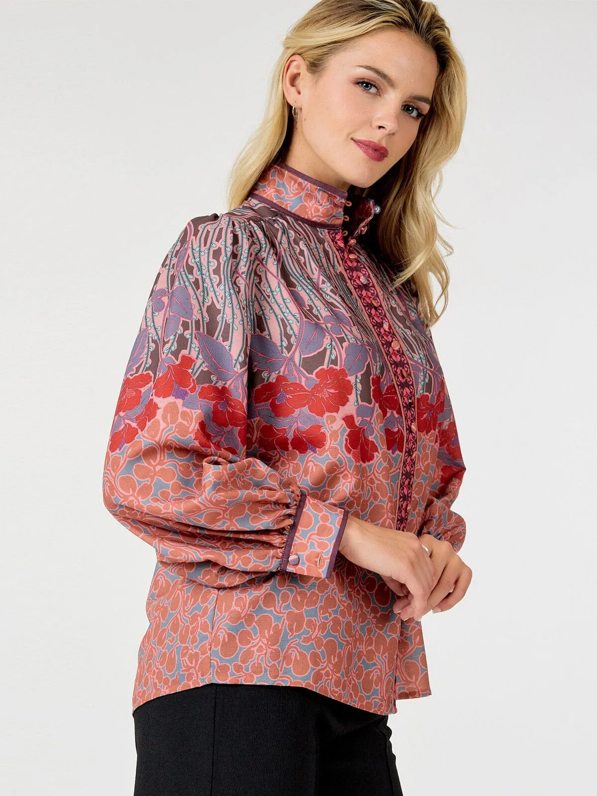 WOMEN'S LONG SLEEVE BUTTON UP MULTI PRINT BLOUSE