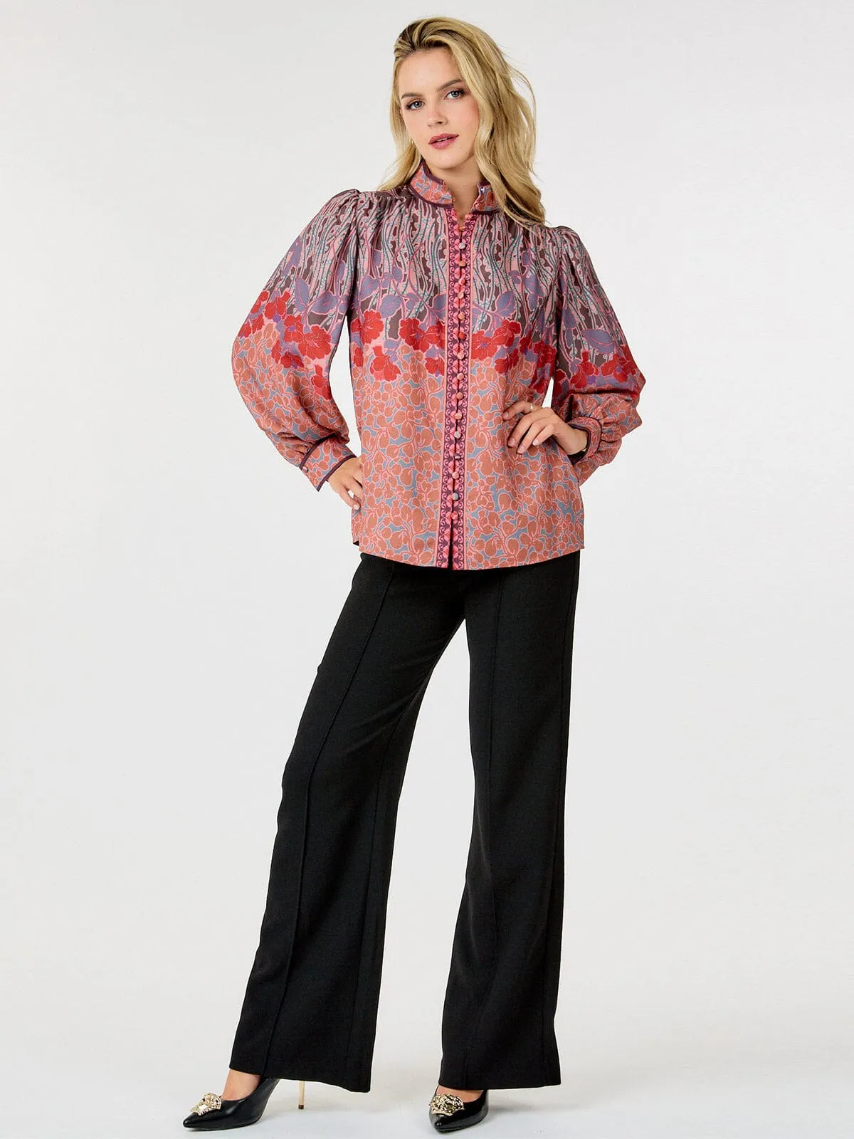 WOMEN'S LONG SLEEVE BUTTON UP MULTI PRINT BLOUSE