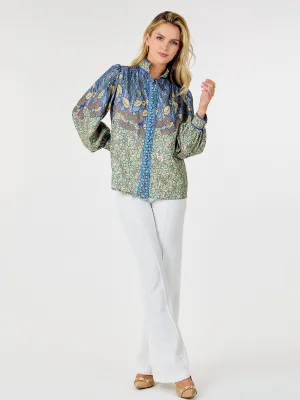 WOMEN'S LONG SLEEVE BUTTON UP MULTI PRINT BLOUSE