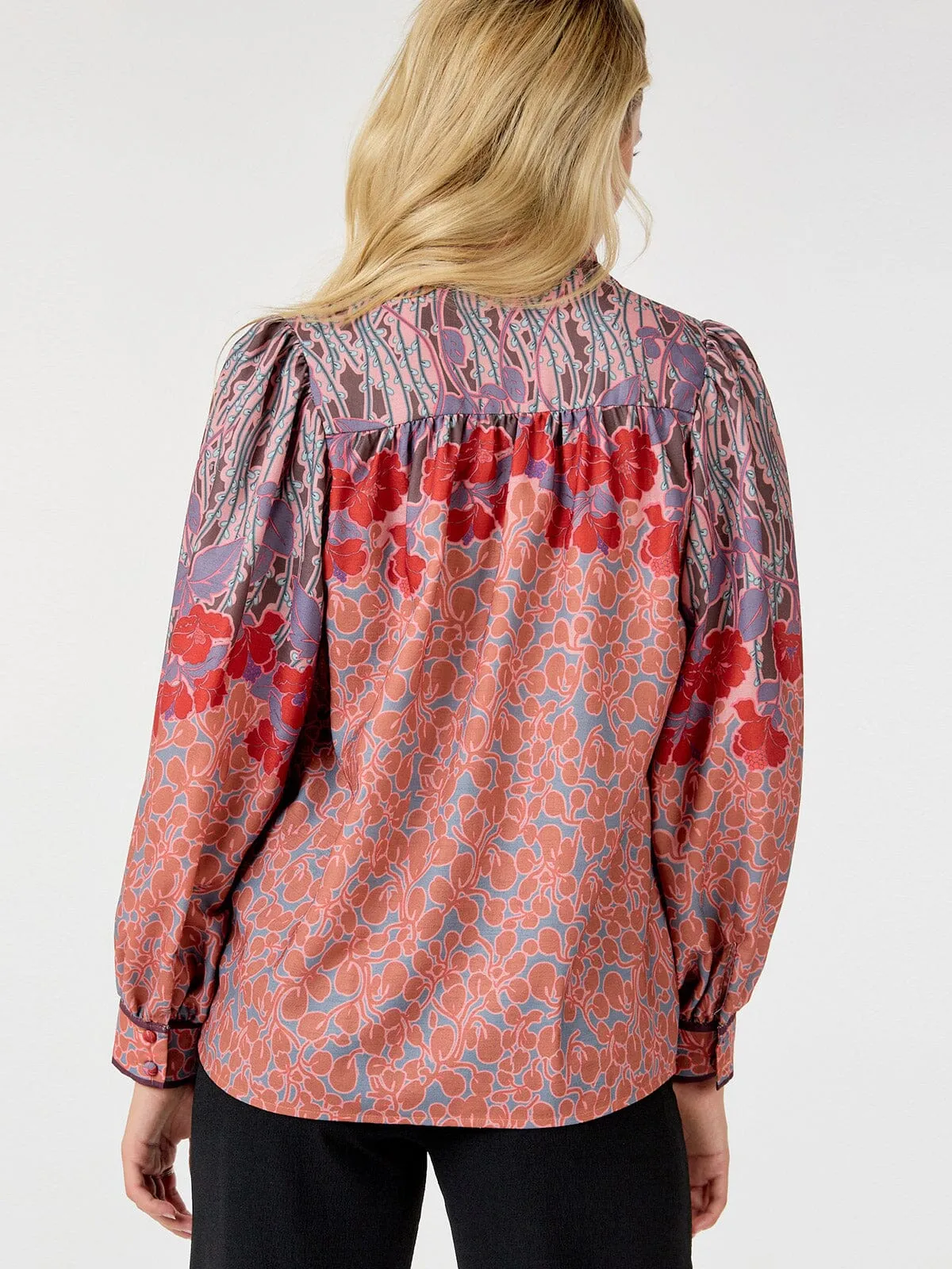 WOMEN'S LONG SLEEVE BUTTON UP MULTI PRINT BLOUSE