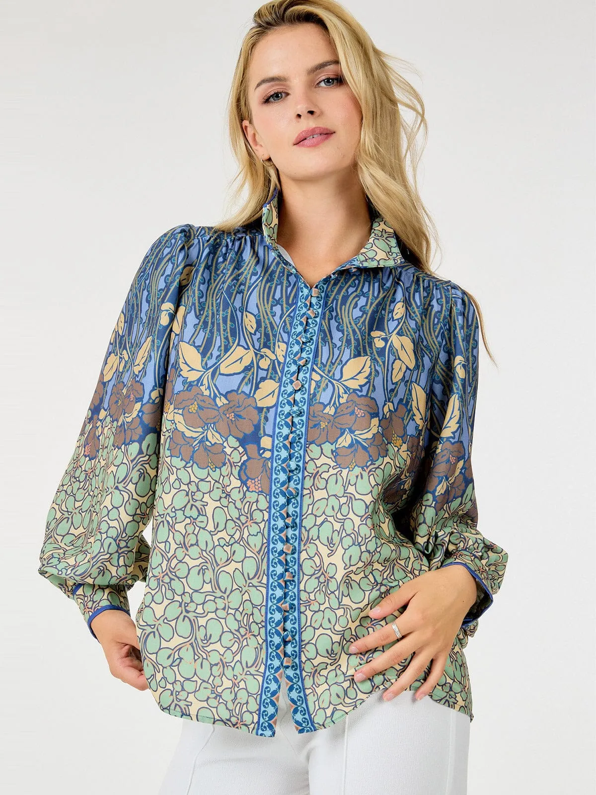 WOMEN'S LONG SLEEVE BUTTON UP MULTI PRINT BLOUSE