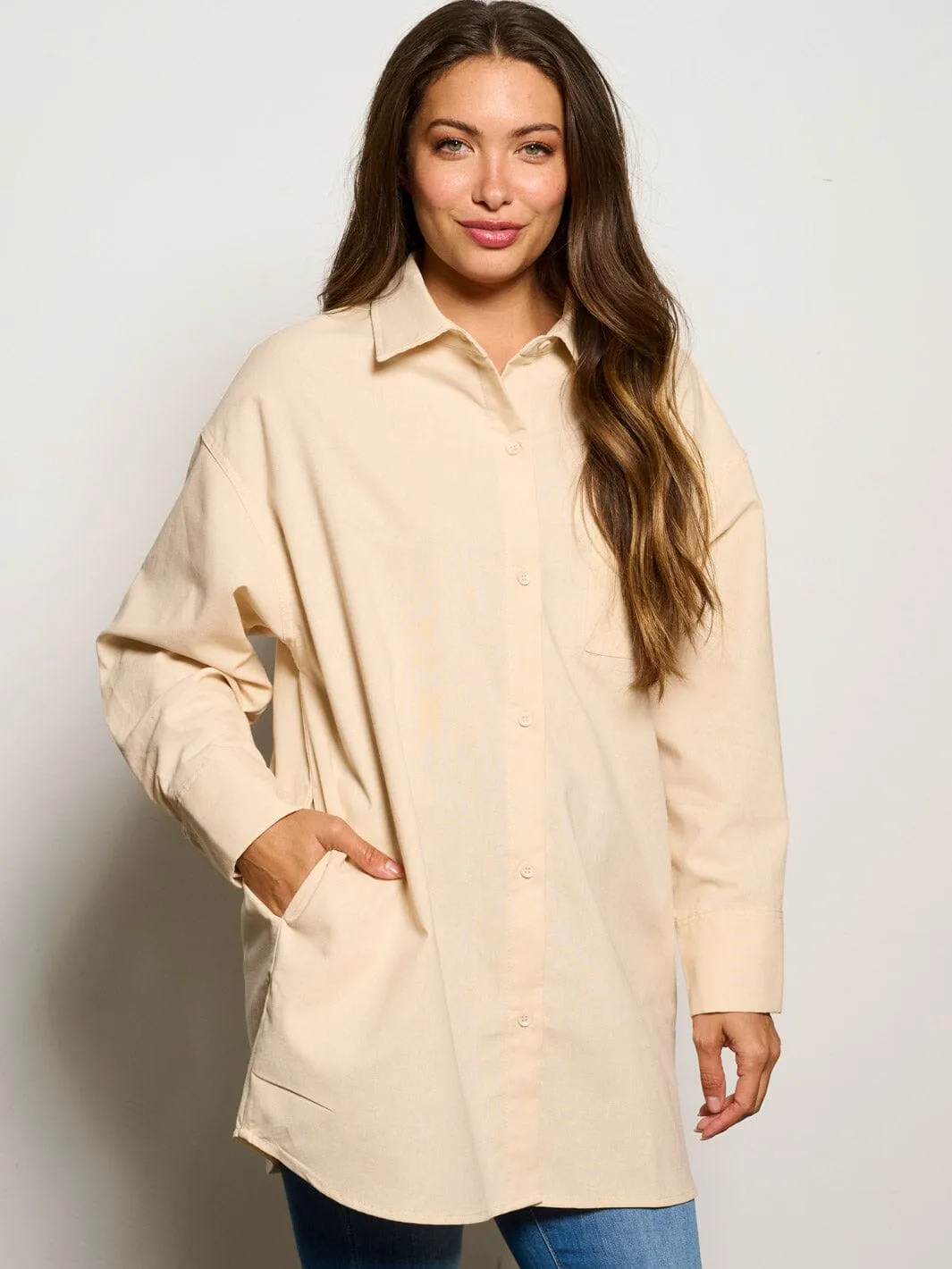 WOMEN'S LONG SLEEVE BUTTON UP OVERSIZED TOP