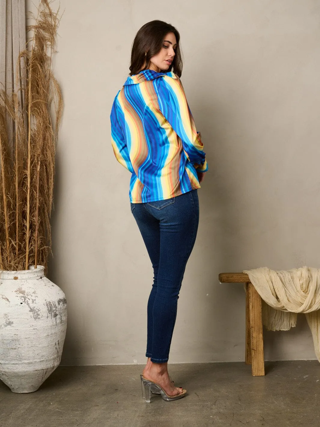 WOMEN'S LONG SLEEVE BUTTON UP PRINTED BLOUSE TOP