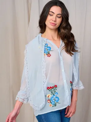 WOMEN'S LONG SLEEVE BUTTON UP SCARF EMBROIDERY FLORAL BLOUSE