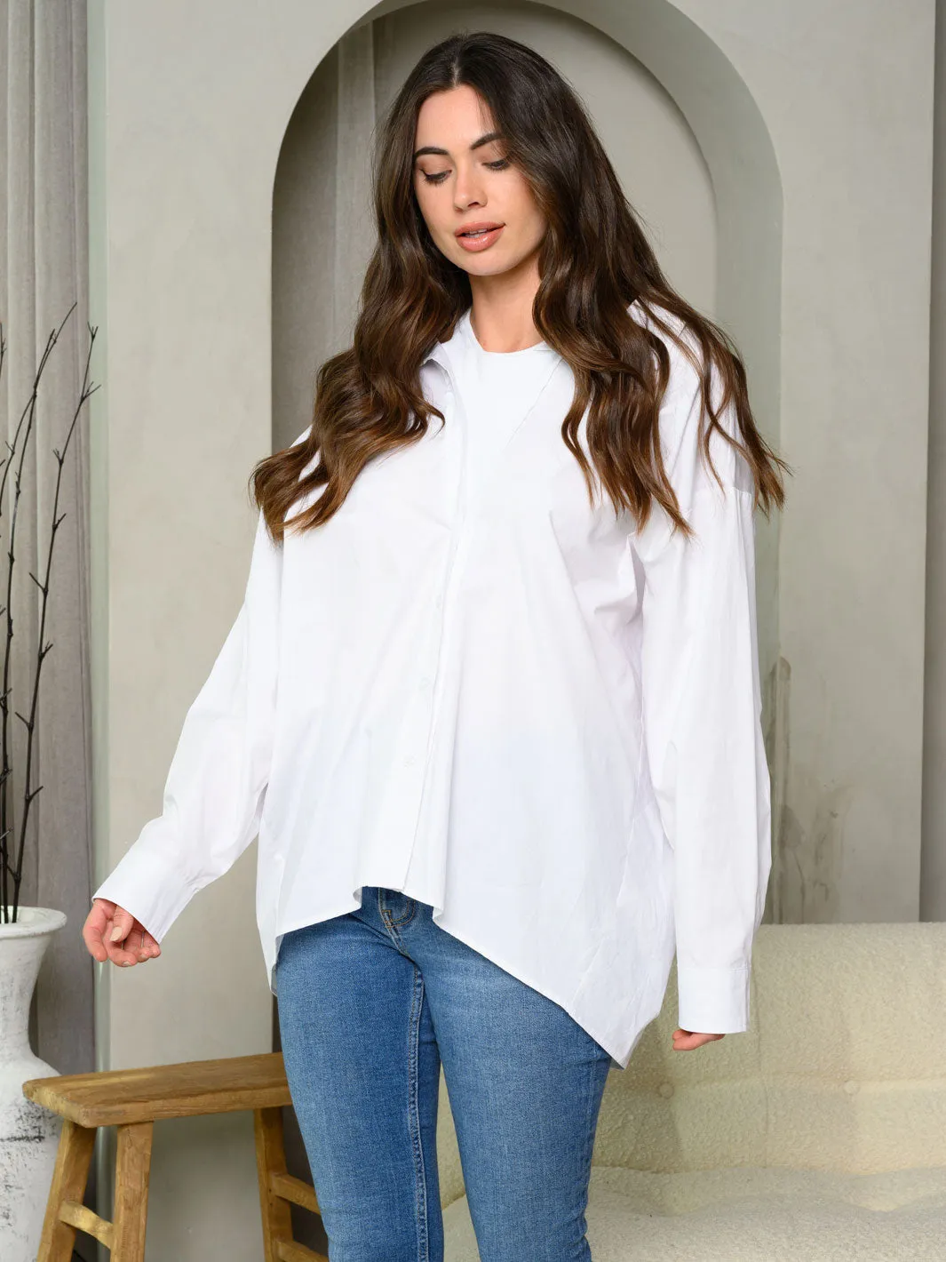 WOMEN'S LONG SLEEVE BUTTON UP SOLID OVERSIZED TOP