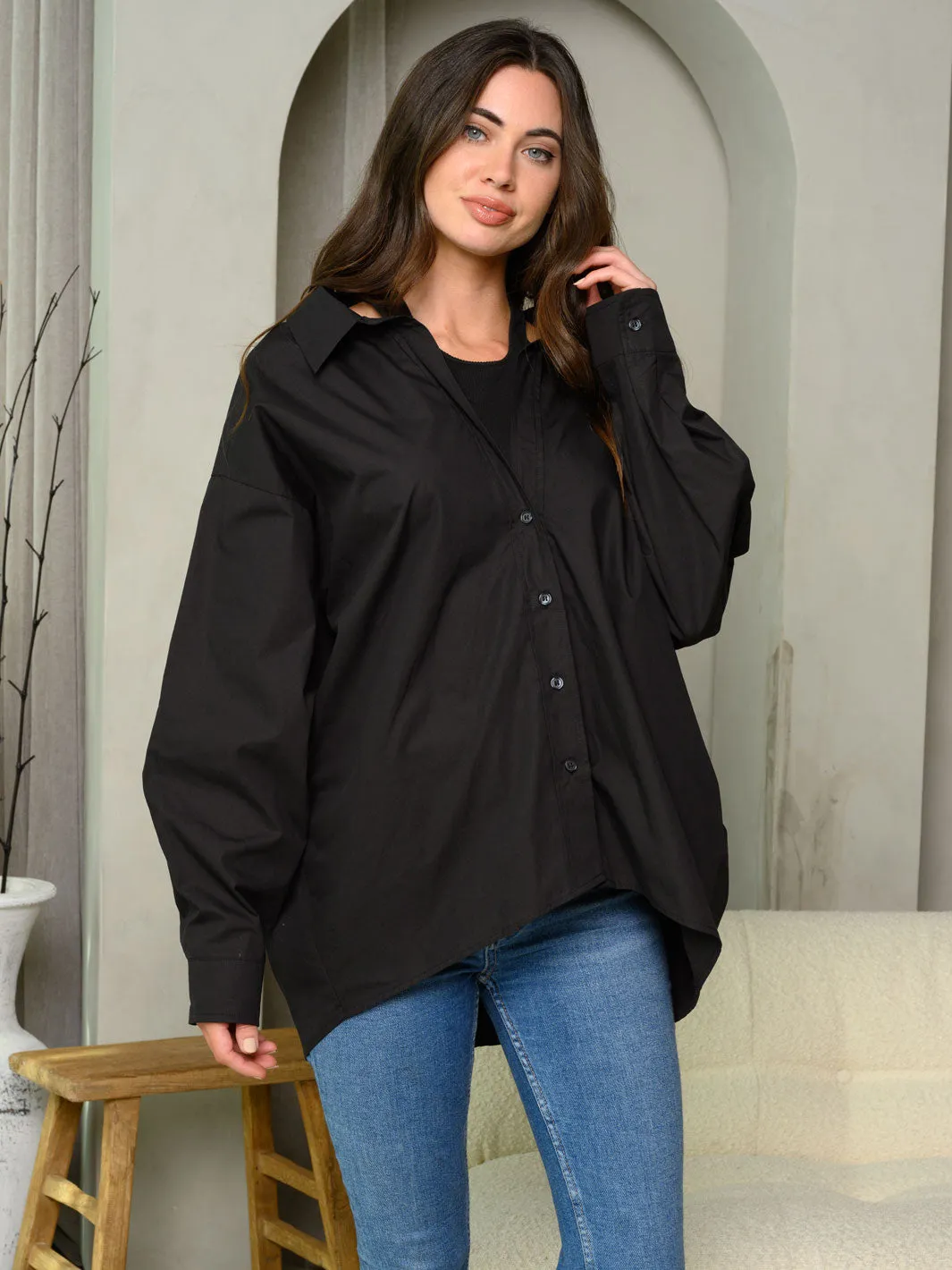 WOMEN'S LONG SLEEVE BUTTON UP SOLID OVERSIZED TOP