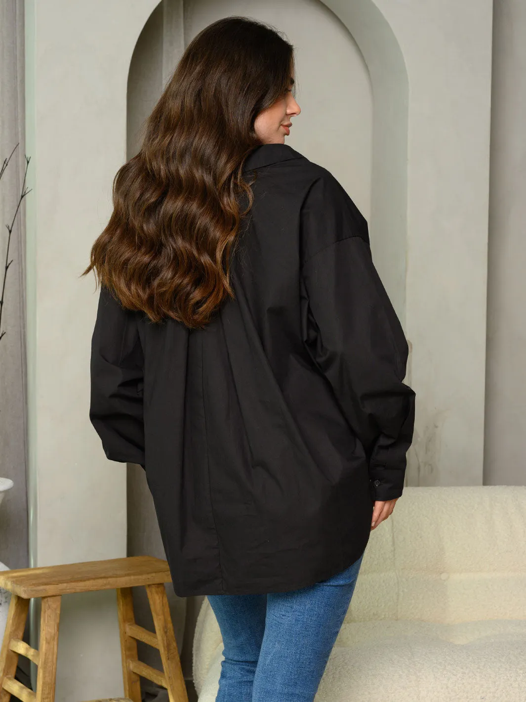WOMEN'S LONG SLEEVE BUTTON UP SOLID OVERSIZED TOP