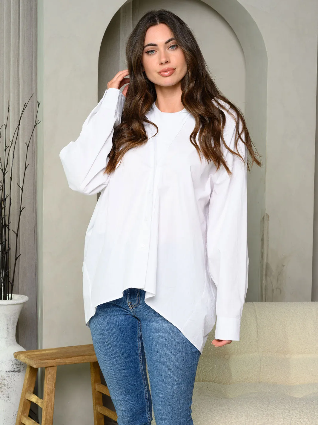 WOMEN'S LONG SLEEVE BUTTON UP SOLID OVERSIZED TOP