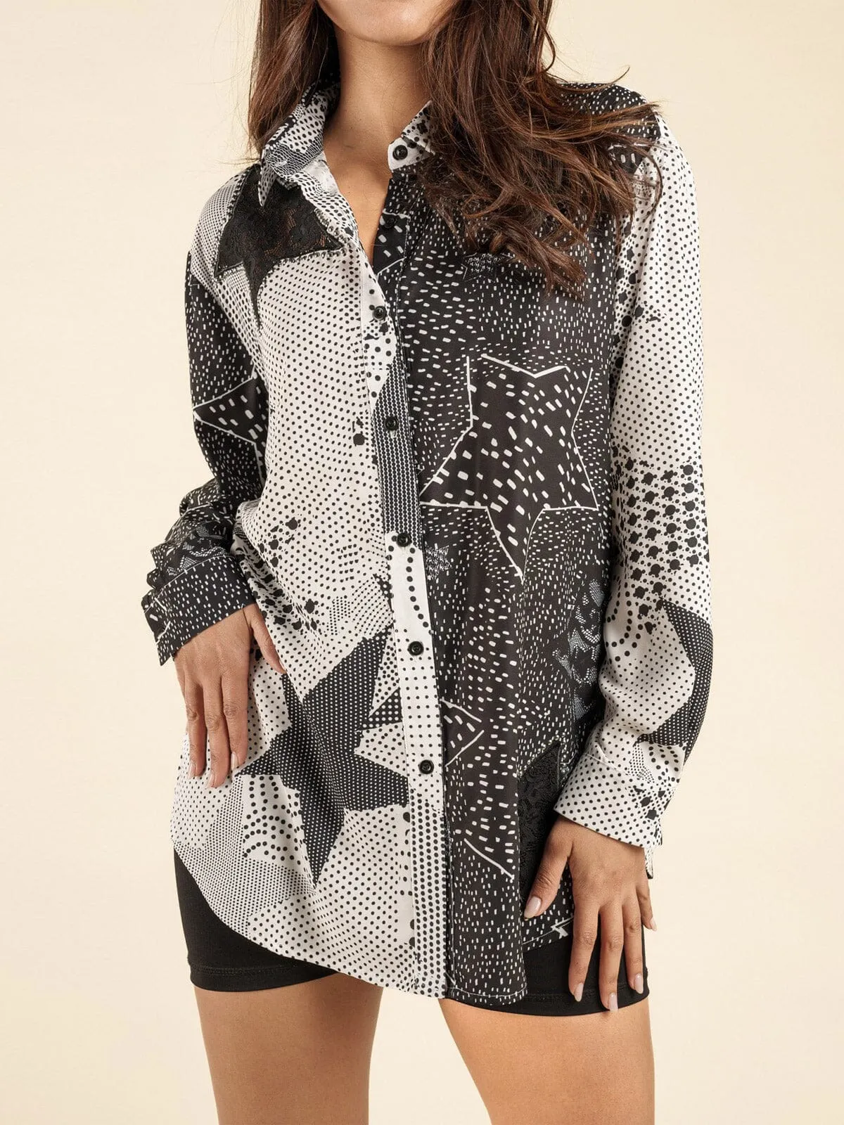 WOMEN'S LONG SLEEVE BUTTON UP STUDS COLLAR PRINTED BLOUSE TOP