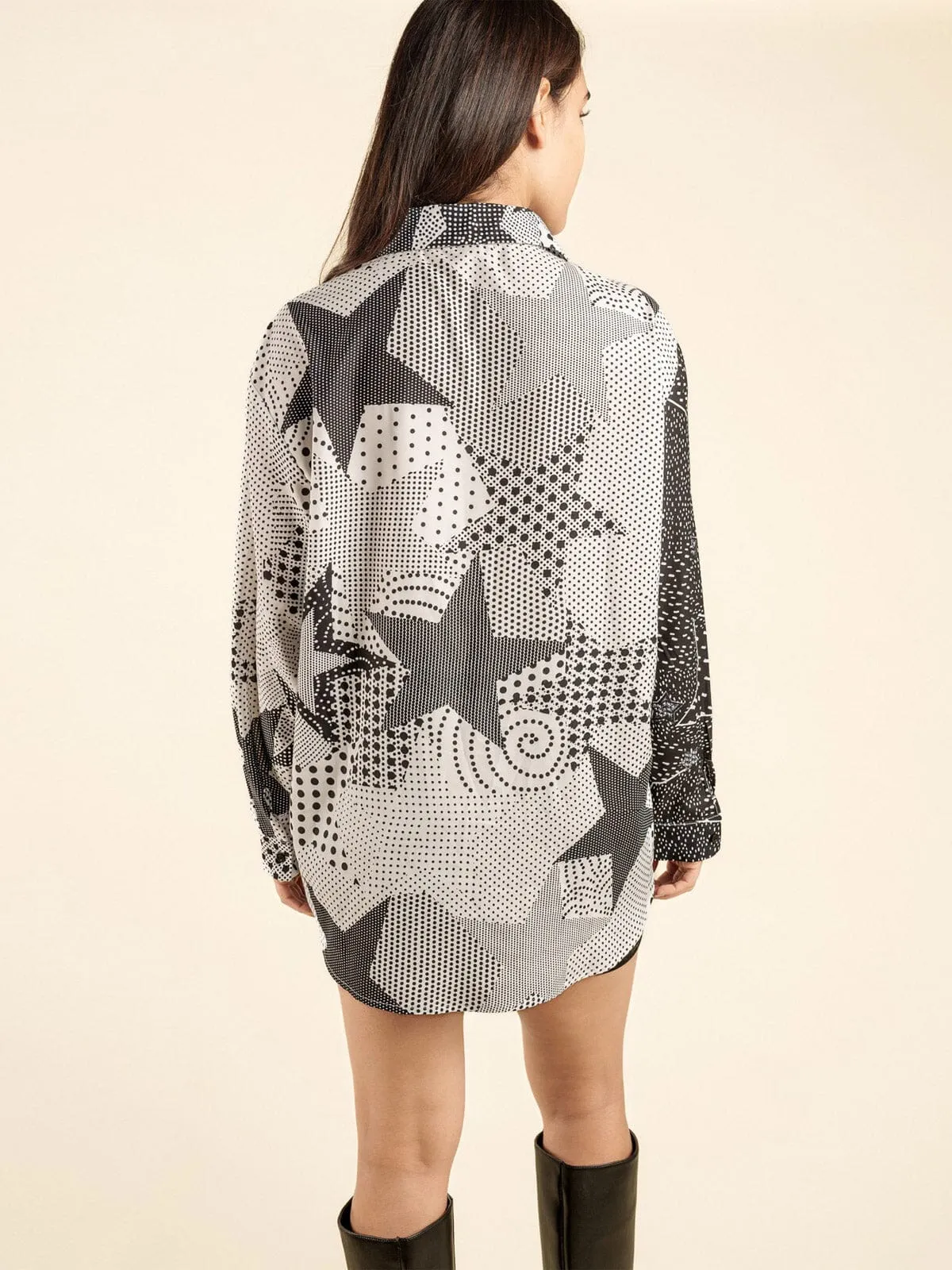 WOMEN'S LONG SLEEVE BUTTON UP STUDS COLLAR PRINTED BLOUSE TOP