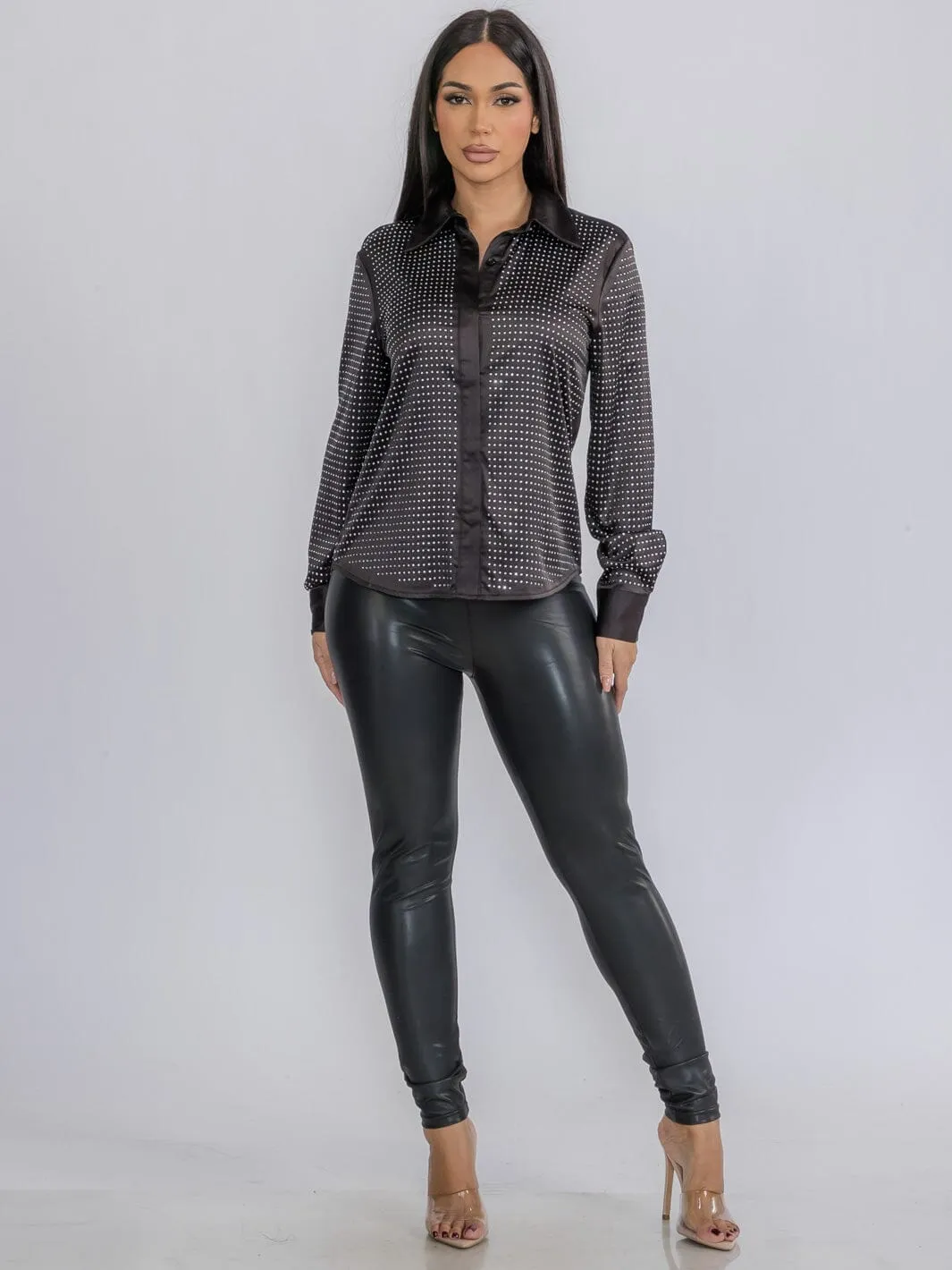 WOMEN'S LONG SLEEVE BUTTON UP STUDS DETAILES BLOUSE
