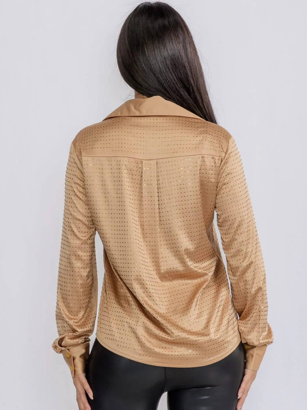 WOMEN'S LONG SLEEVE BUTTON UP STUDS DETAILES BLOUSE