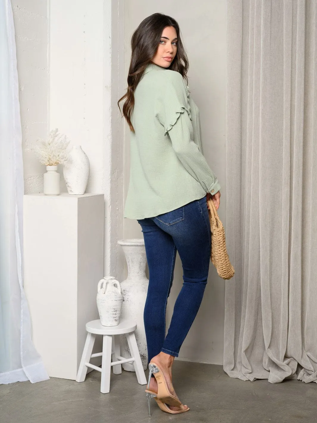 WOMEN'S LONG SLEEVE BUTTON UP TOP