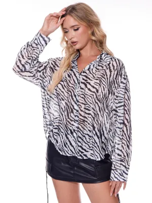 WOMEN'S LONG SLEEVE BUTTON UP ZEBRA PRINT BLOUSE
