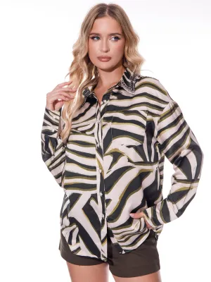 WOMEN'S LONG SLEEVE BUTTON UP ZEBRA PRINT STUDS BLOUSE