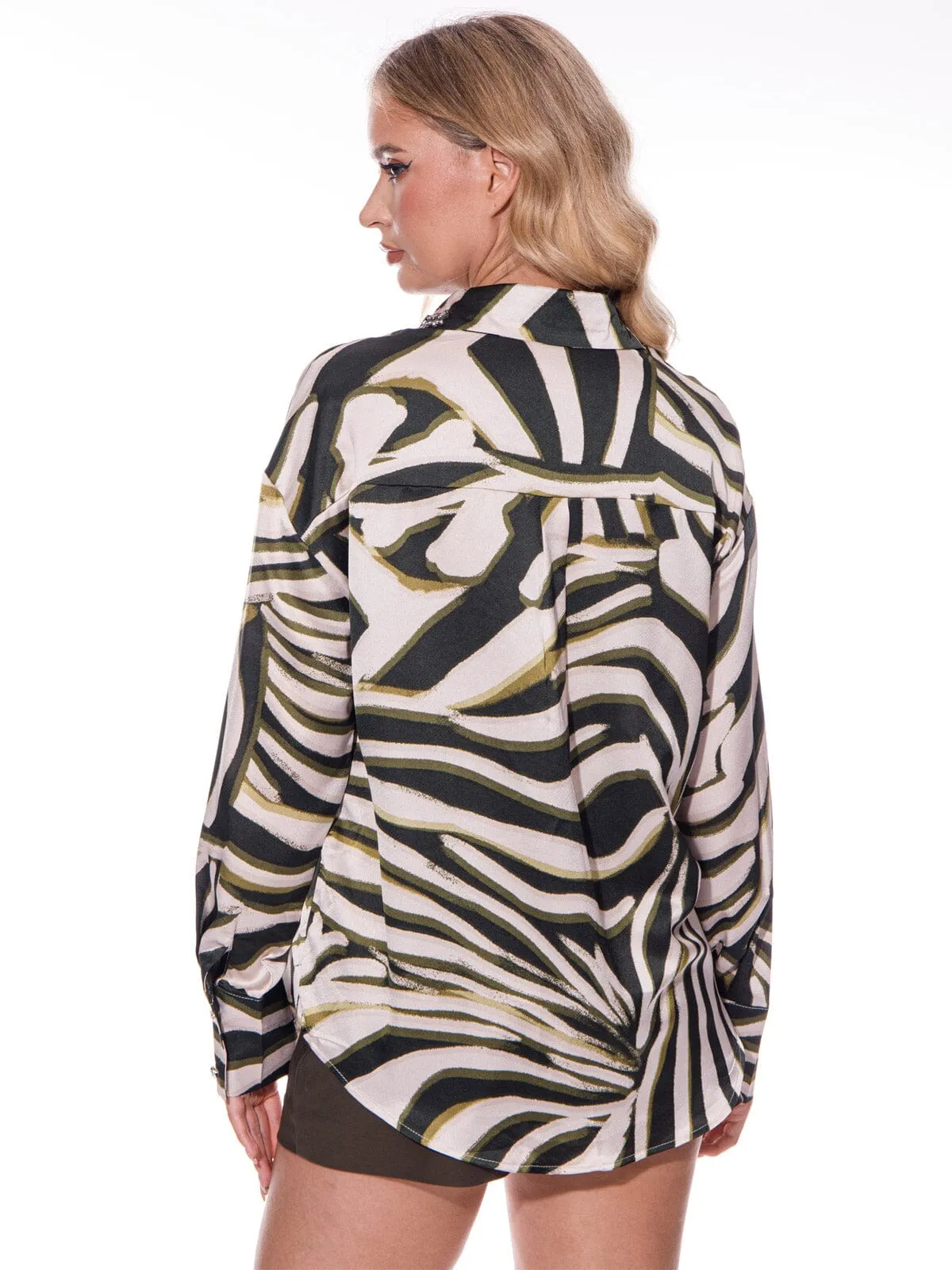 WOMEN'S LONG SLEEVE BUTTON UP ZEBRA PRINT STUDS BLOUSE