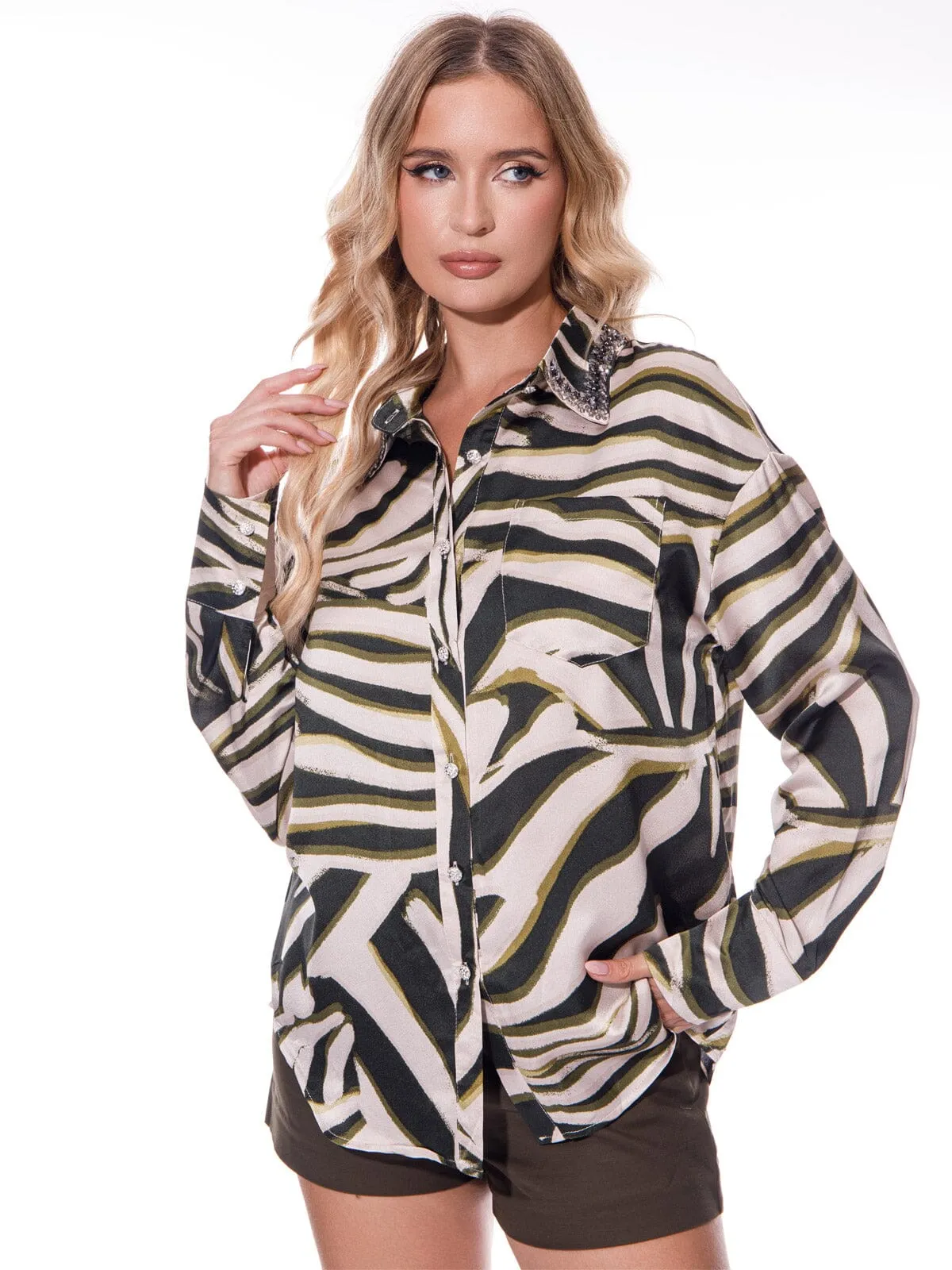 WOMEN'S LONG SLEEVE BUTTON UP ZEBRA PRINT STUDS BLOUSE