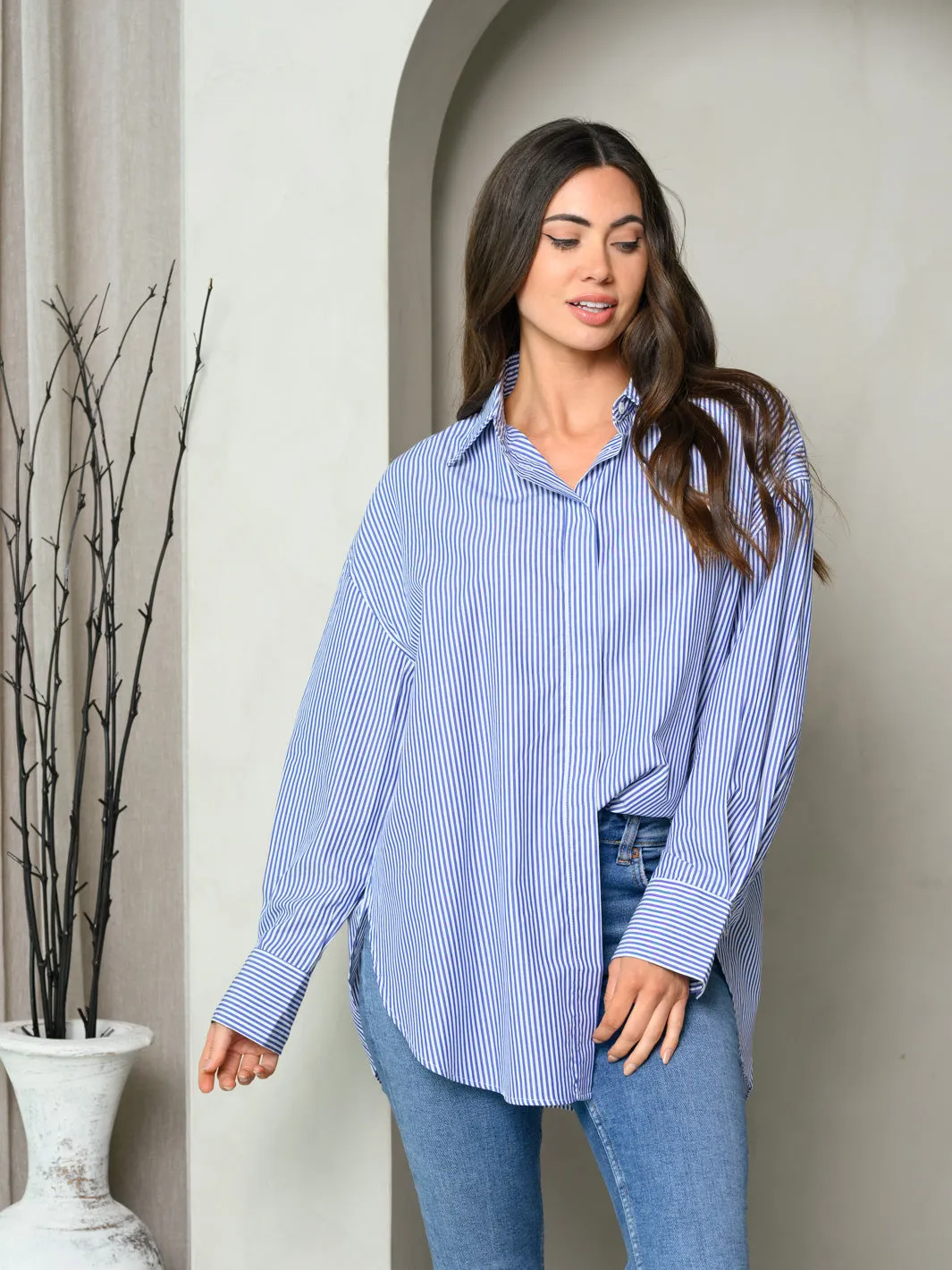 WOMEN'S LONG SLEEVE COLLAR BUTTON UP STRIPES SHIRT TOP