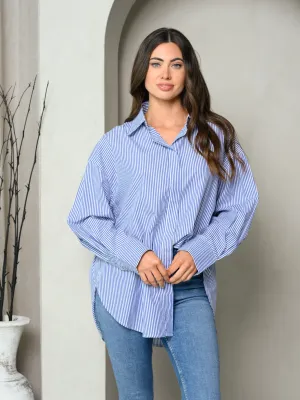WOMEN'S LONG SLEEVE COLLAR BUTTON UP STRIPES SHIRT TOP