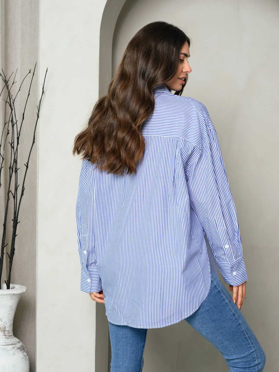 WOMEN'S LONG SLEEVE COLLAR BUTTON UP STRIPES SHIRT TOP