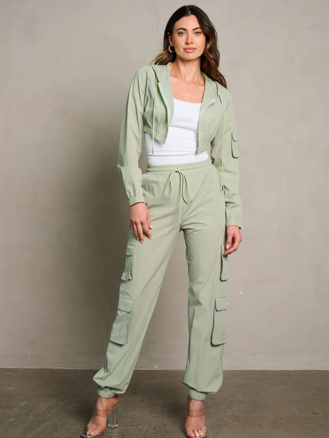WOMEN'S LONG SLEEVE CROP JACKET & ELASTIC WAIST PANTS CARGO 2PC. SET