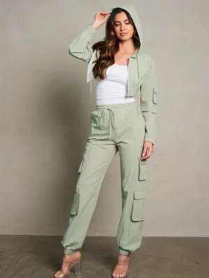 WOMEN'S LONG SLEEVE CROP JACKET & ELASTIC WAIST PANTS CARGO 2PC. SET