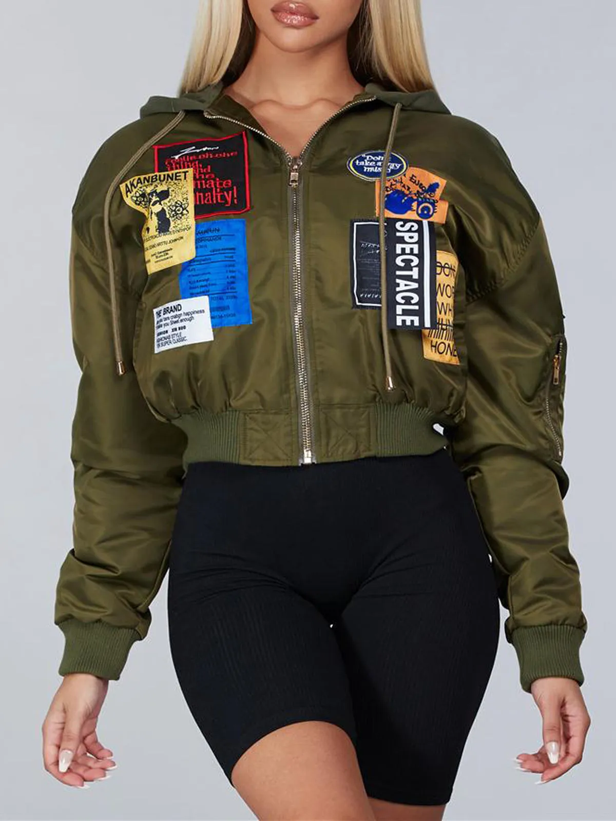 WOMEN'S LONG SLEEVE HOODED MULTI PATCH BOMBER JACKET