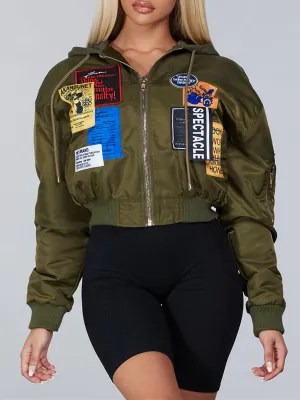 WOMEN'S LONG SLEEVE HOODED MULTI PATCH BOMBER JACKET