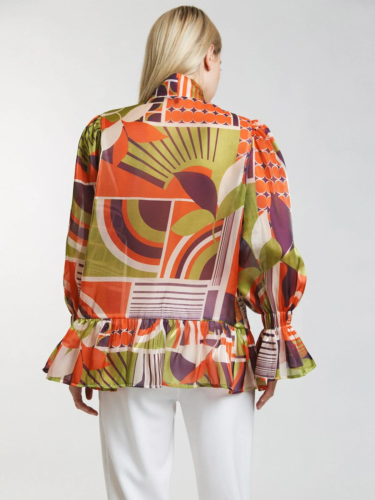 WOMEN'S LONG SLEEVE RUFFLE BUTTON UP MULTI PRINT BLOUSE