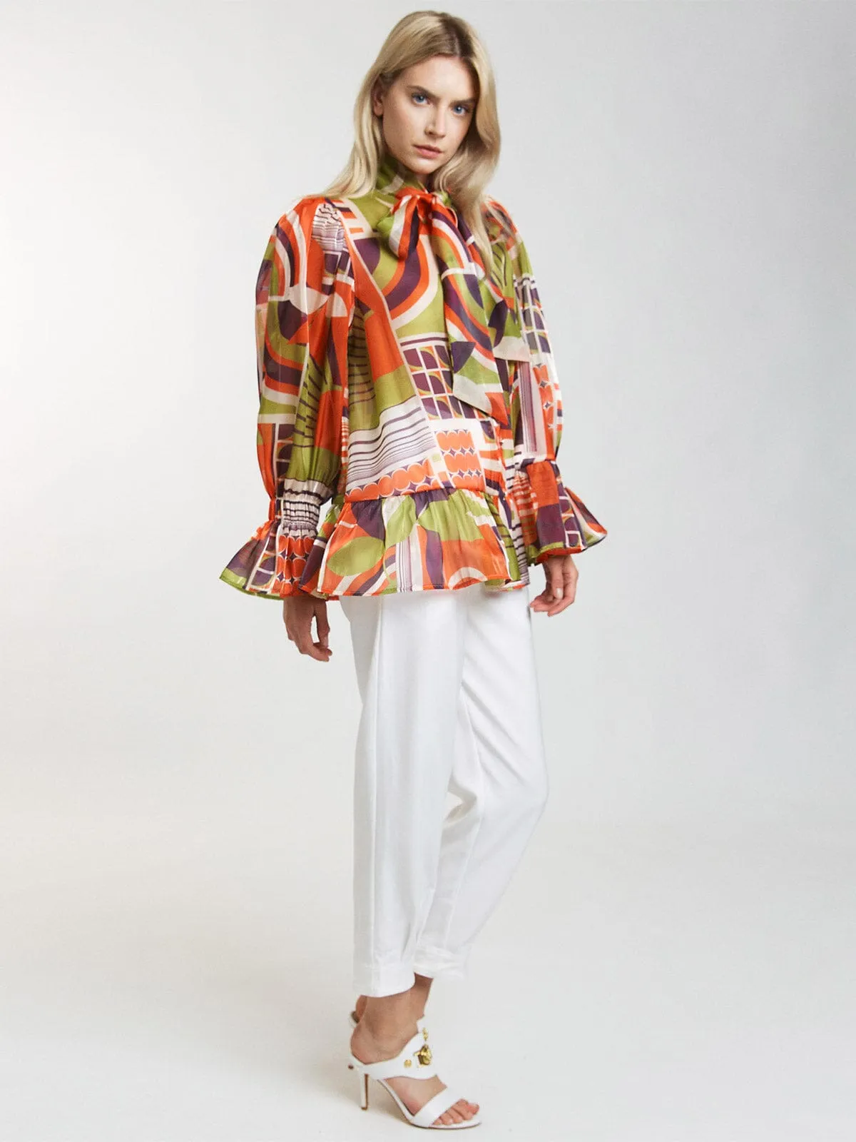 WOMEN'S LONG SLEEVE RUFFLE BUTTON UP MULTI PRINT BLOUSE