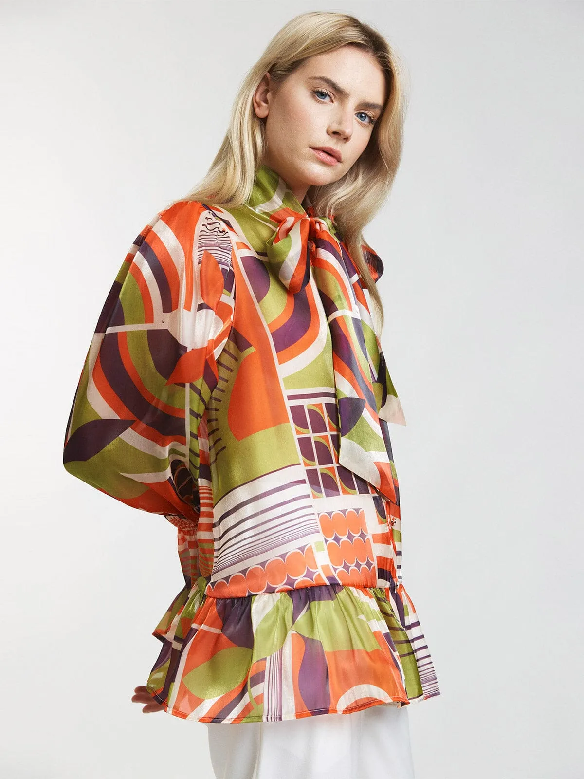 WOMEN'S LONG SLEEVE RUFFLE BUTTON UP MULTI PRINT BLOUSE