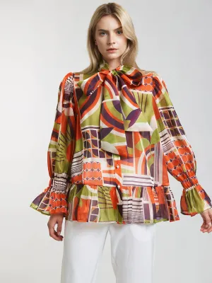 WOMEN'S LONG SLEEVE RUFFLE BUTTON UP MULTI PRINT BLOUSE