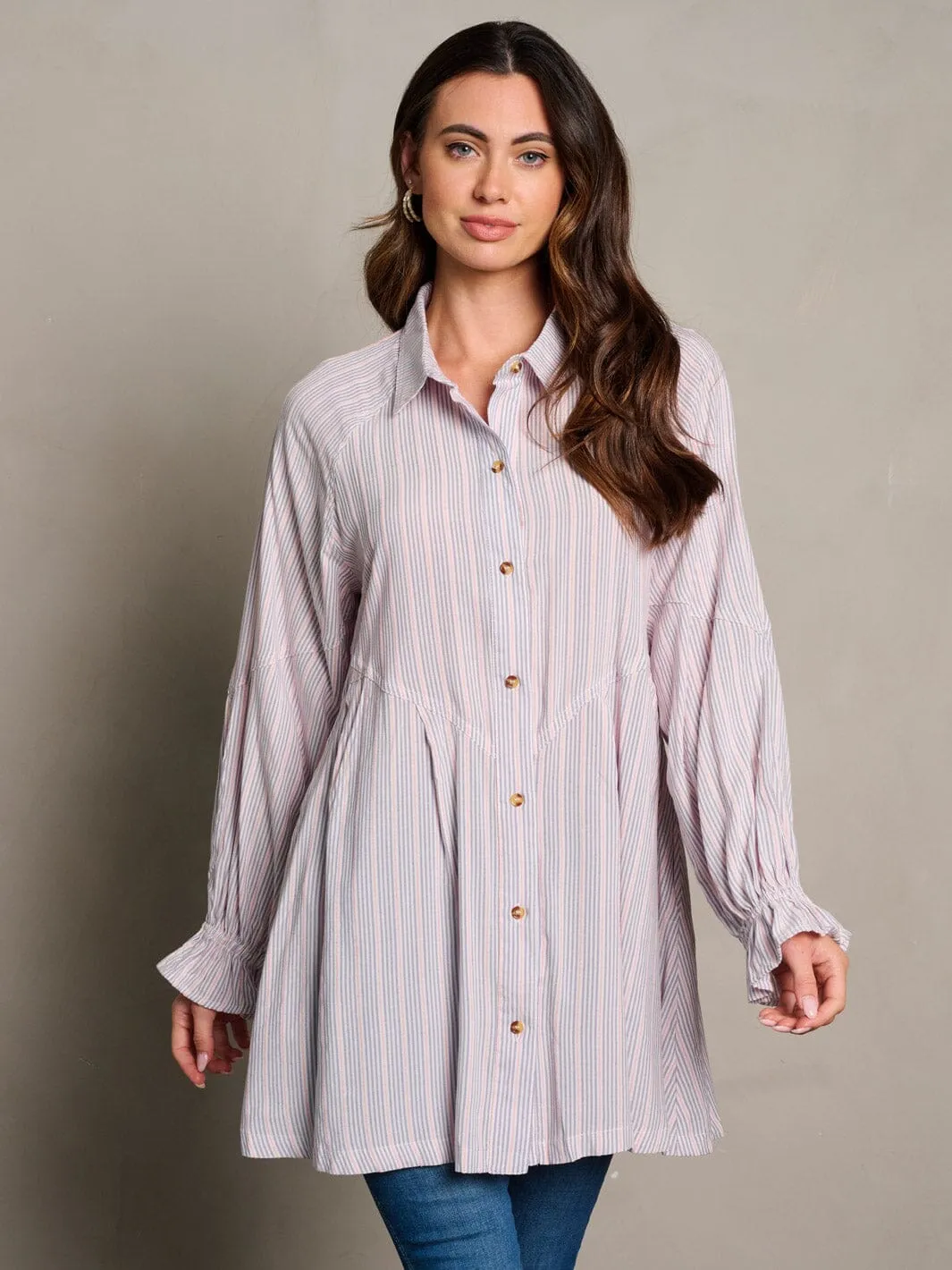 WOMEN'S LONG SLEEVE STRIPES BUTTON UP TUNIC BLOUSE TOP