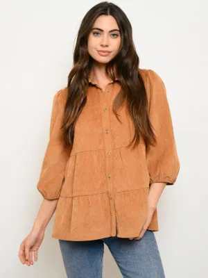 WOMEN'S LONG SLEEVE TIERED BUTTON UP TOP