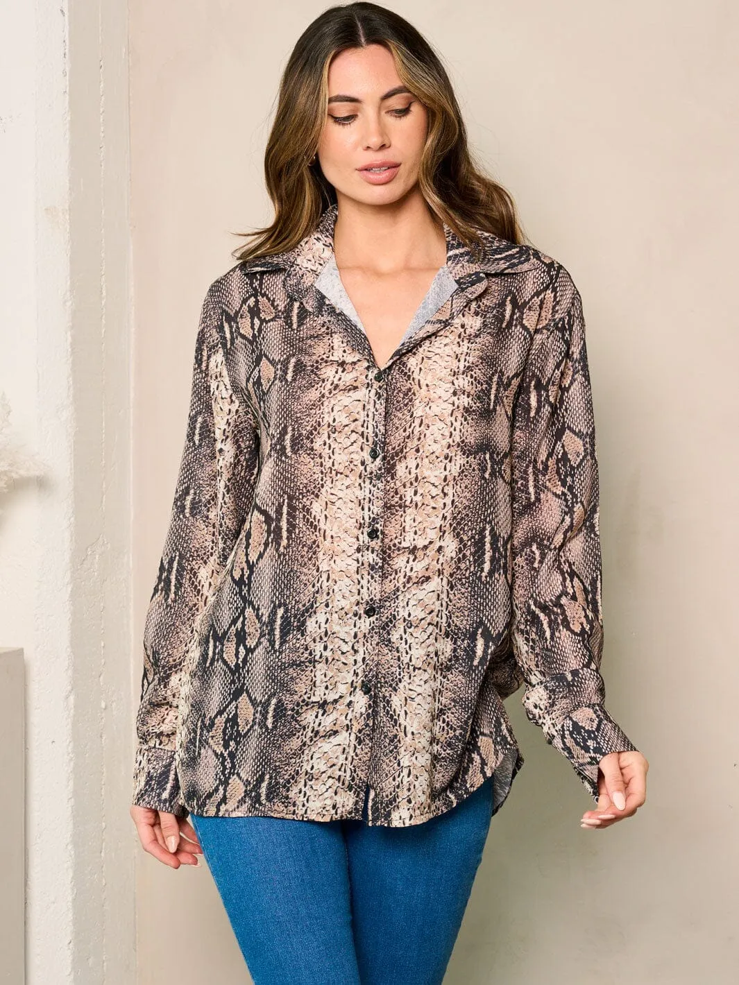 WOMEN'S LONG SLEEVES BUTTON UP SNAKE PRINT BLOUSE TOP