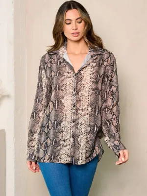 WOMEN'S LONG SLEEVES BUTTON UP SNAKE PRINT BLOUSE TOP