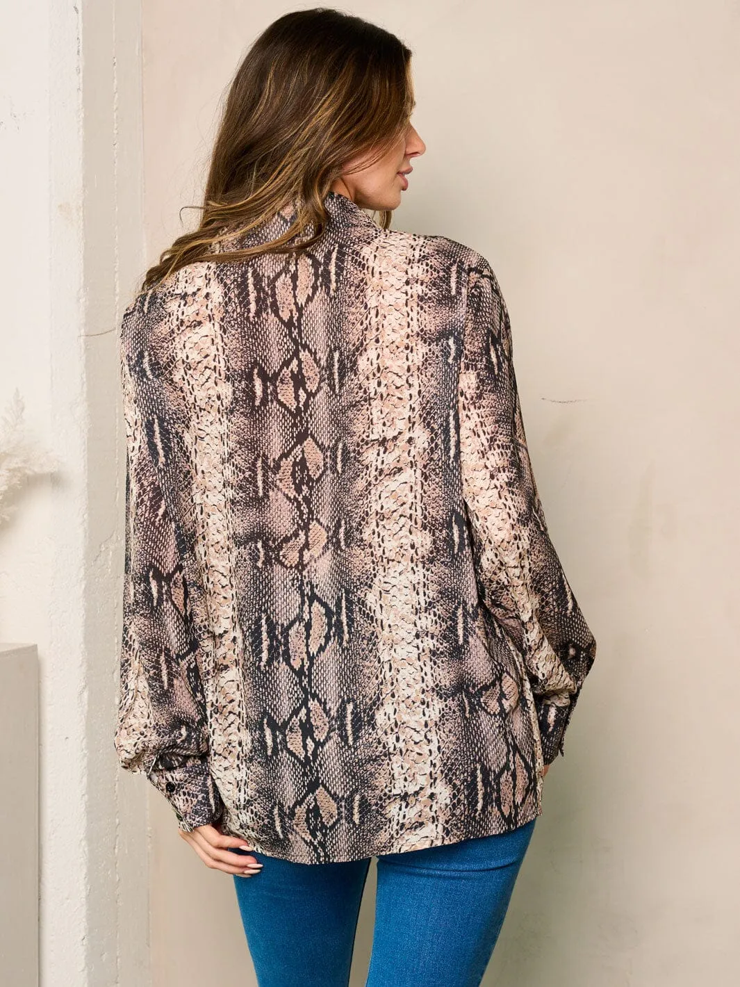 WOMEN'S LONG SLEEVES BUTTON UP SNAKE PRINT BLOUSE TOP