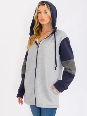 WOMEN'S LONG SLEEVES ZIP UP COLORBLOCK HOODED JACKET