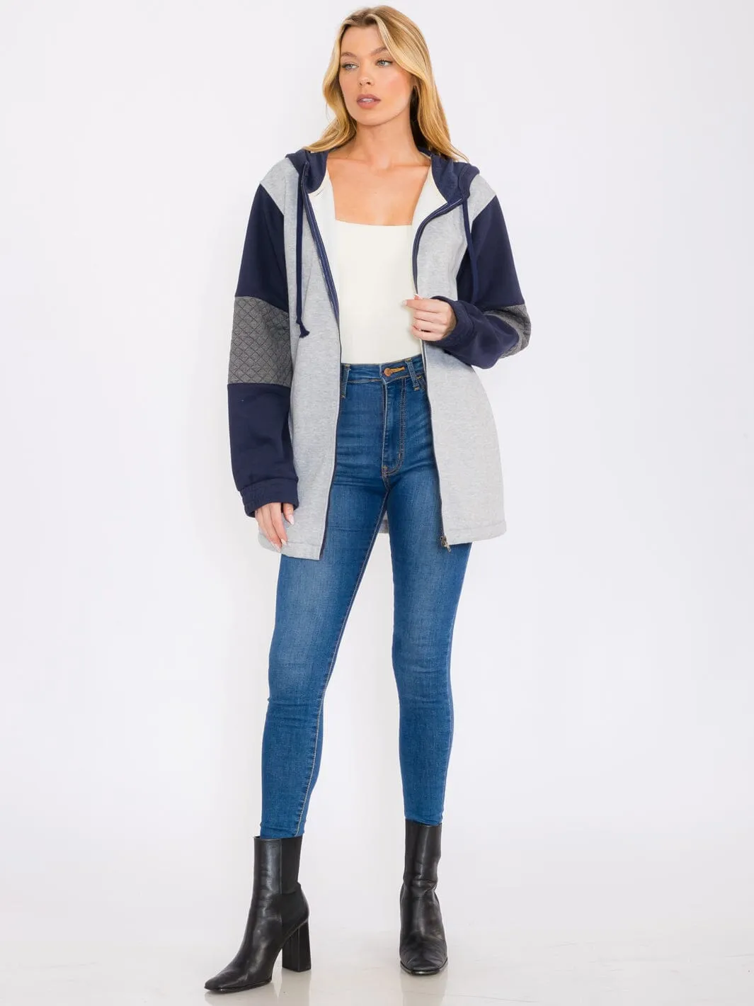 WOMEN'S LONG SLEEVES ZIP UP COLORBLOCK HOODED JACKET