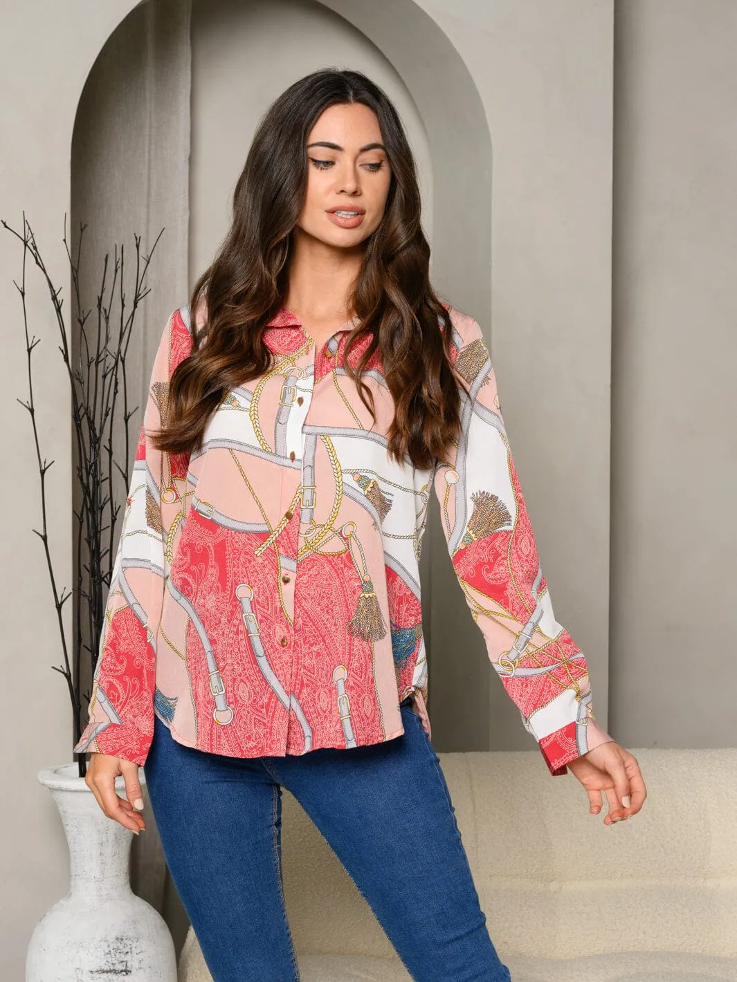 WOMEN'S MULTI PRINT LONG SLEEVE BUTTON UP TOP