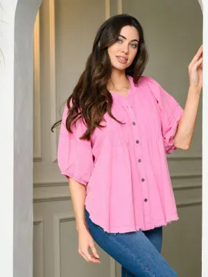 WOMEN'S SHORT BALLON SLEEVE PINTUCK DETAILED TUNIC TOP