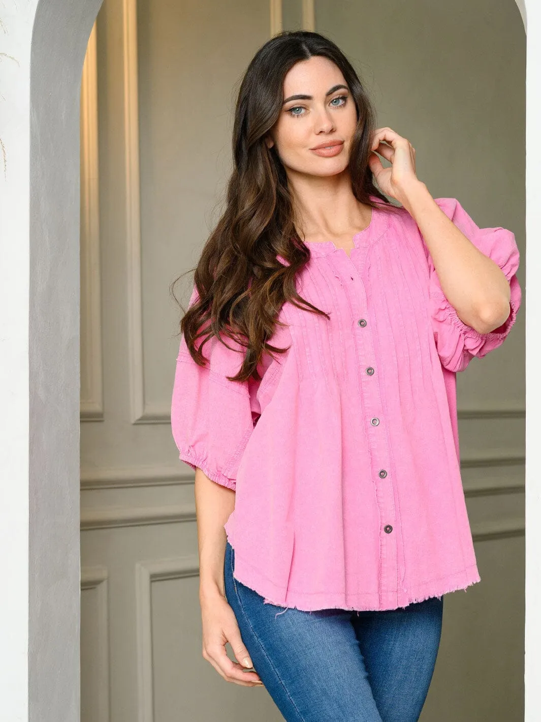 WOMEN'S SHORT BALLON SLEEVE PINTUCK DETAILED TUNIC TOP