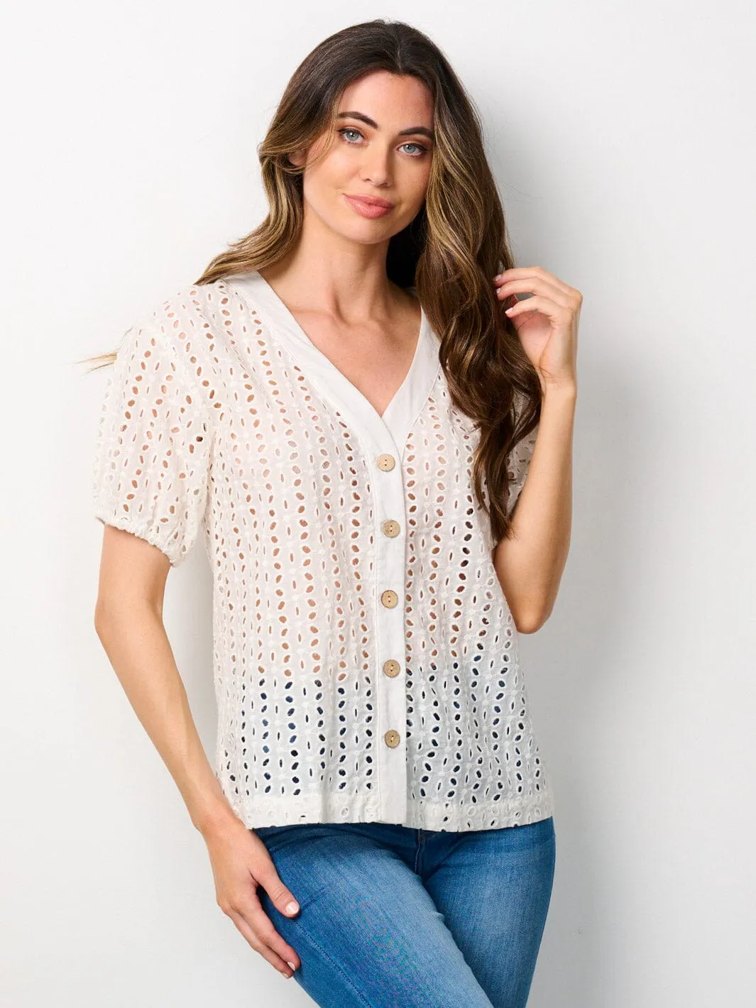 WOMEN'S SHORT PUFF SLEEVE BUTTON UP EYELET DETAILED BLOUSE TOP