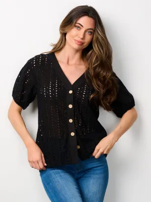 WOMEN'S SHORT PUFF SLEEVE BUTTON UP EYELET DETAILED BLOUSE TOP
