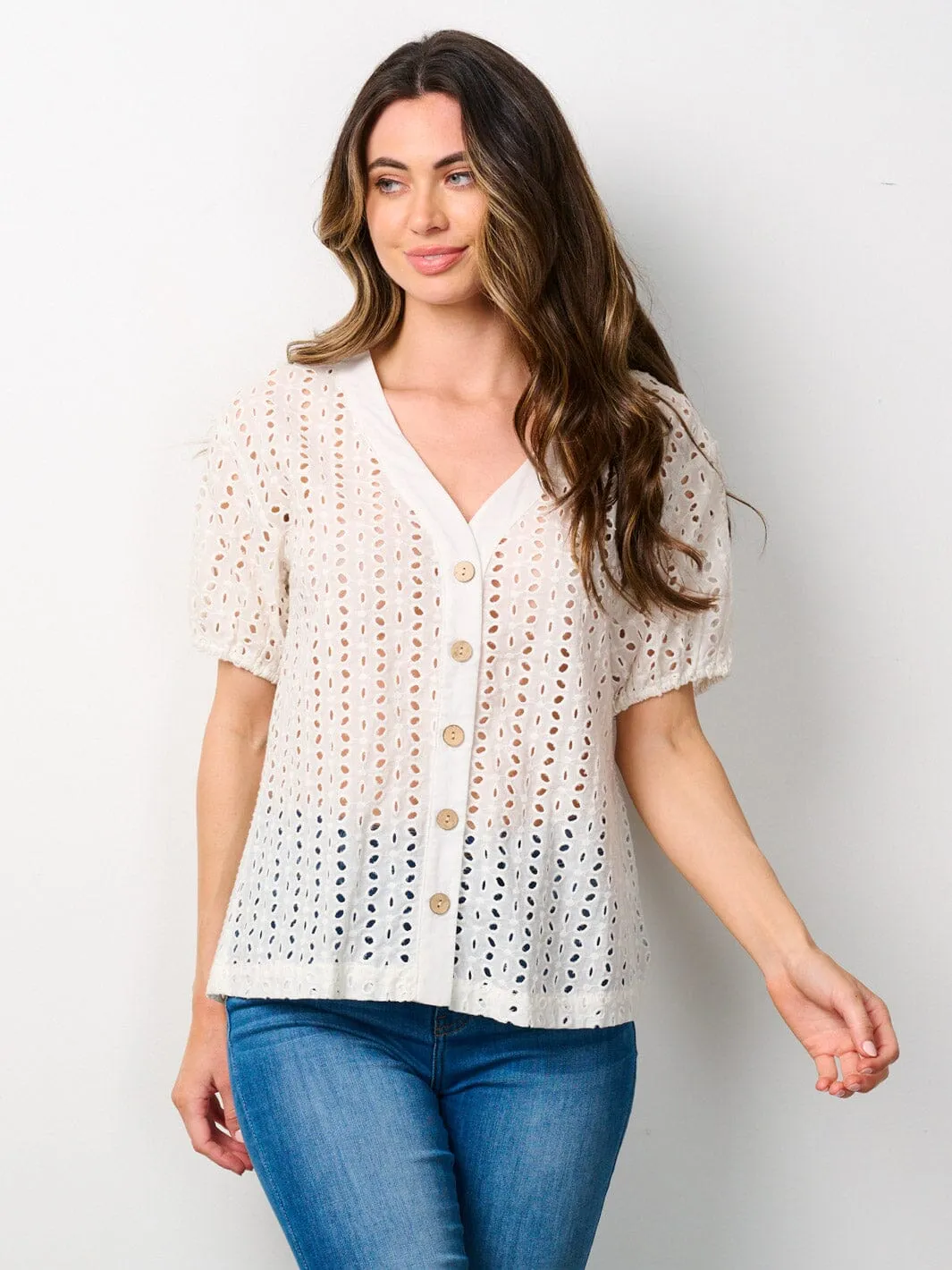 WOMEN'S SHORT PUFF SLEEVE BUTTON UP EYELET DETAILED BLOUSE TOP