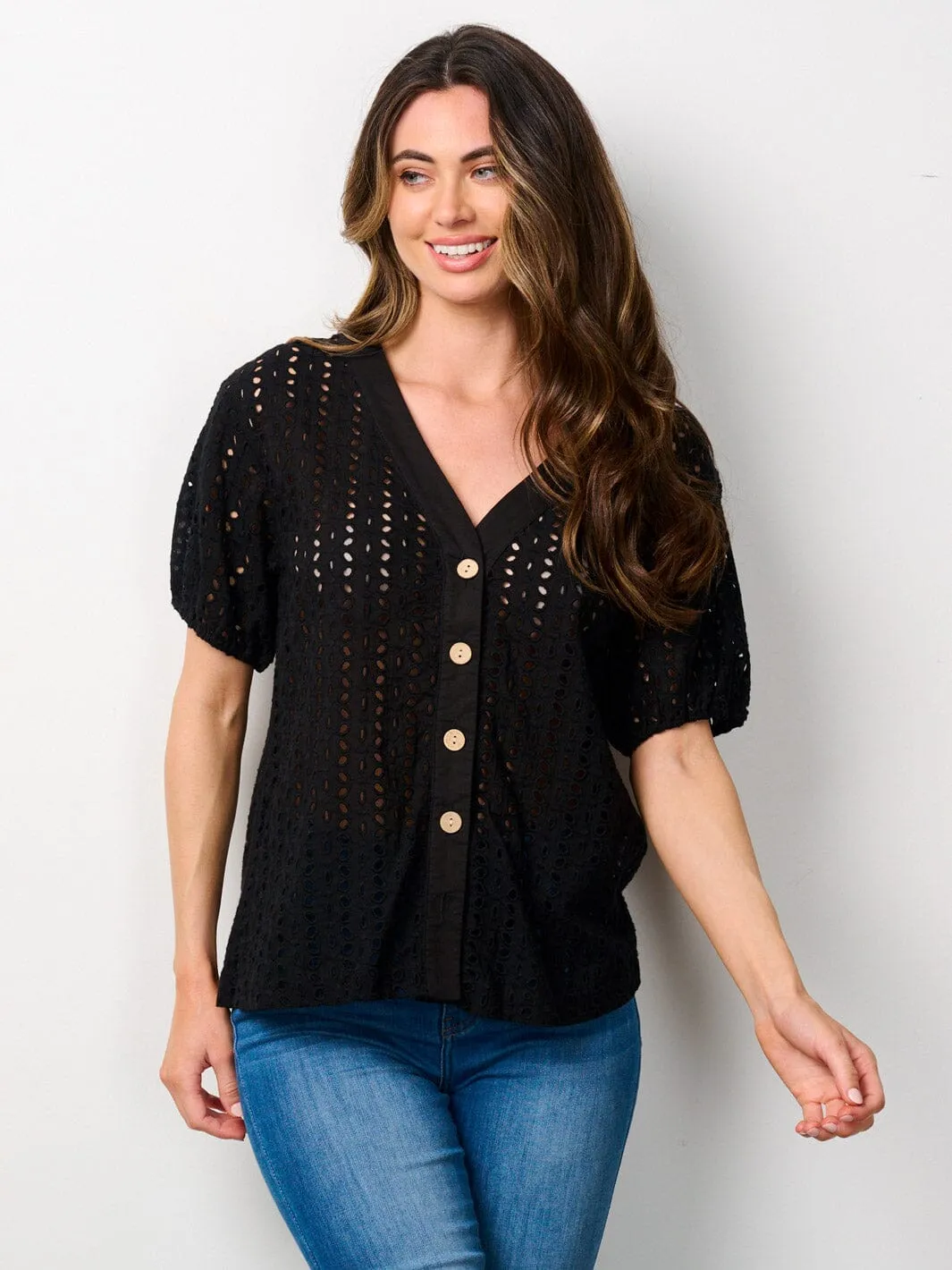 WOMEN'S SHORT PUFF SLEEVE BUTTON UP EYELET DETAILED BLOUSE TOP