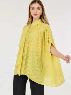 WOMEN'S SHORT SLEEVE BUTTON CLOSURE PLEATED TUNIC BLOUSE
